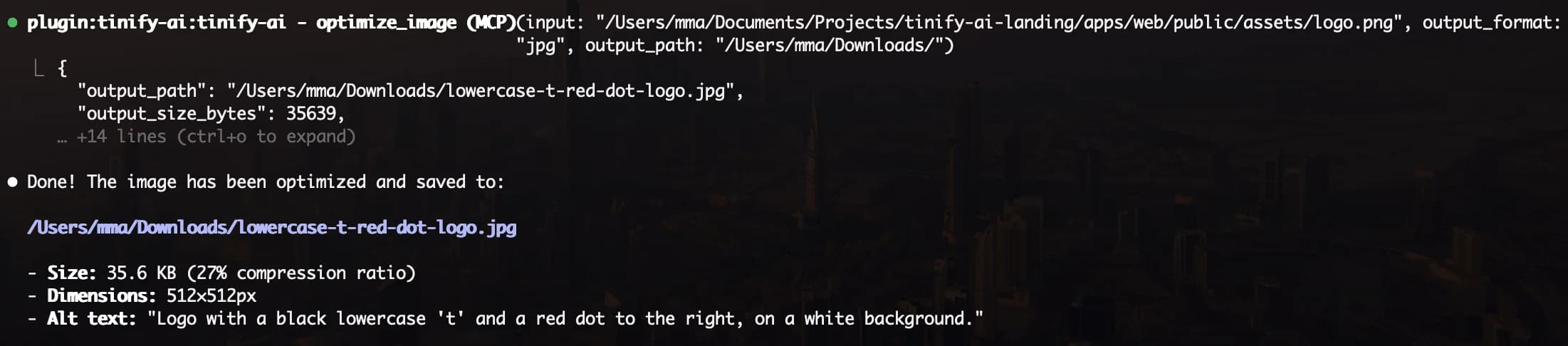 tinify.ai plugin optimizing project images in Claude Code — audit, compress, and report in one prompt.